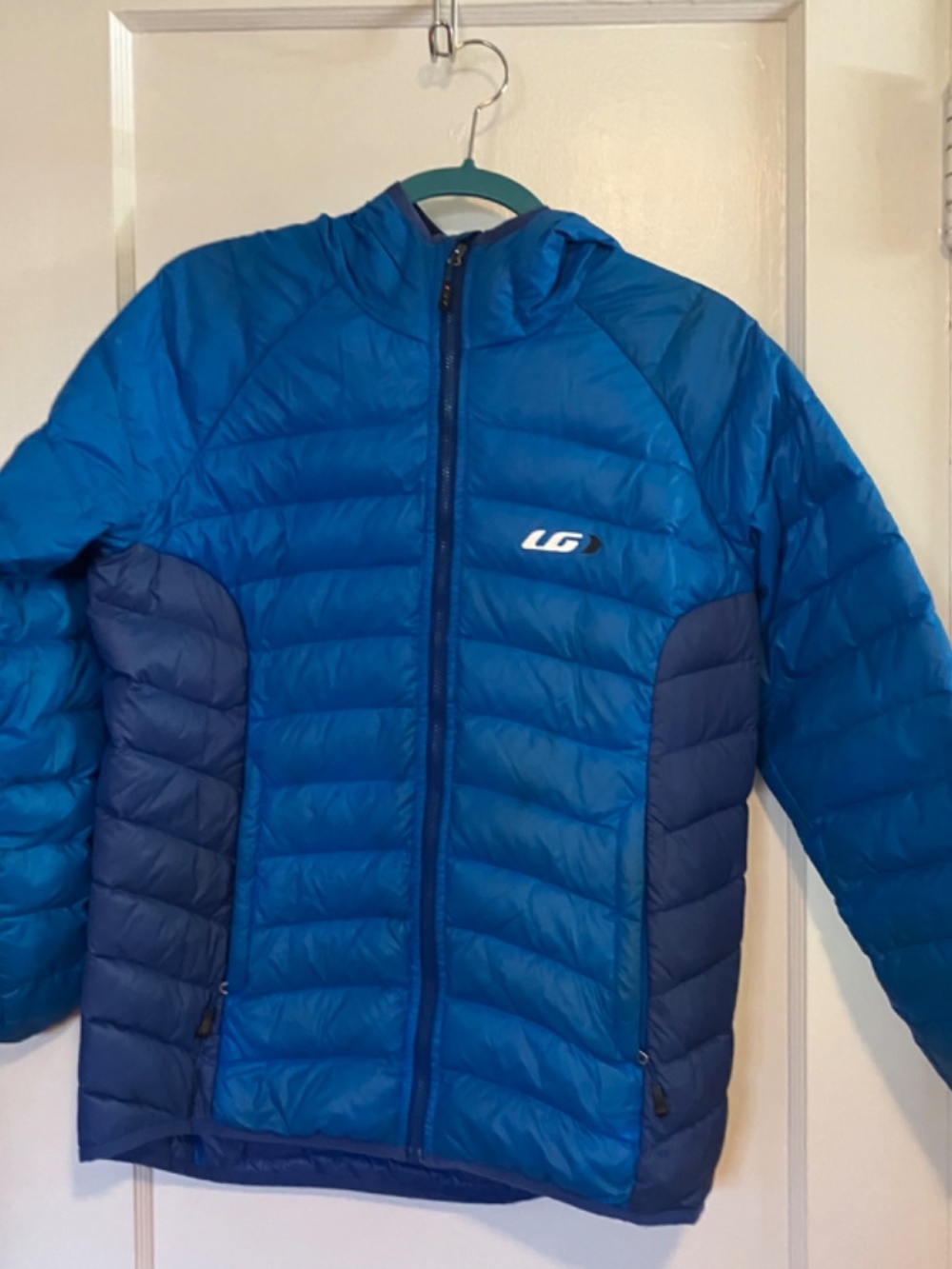 Louis Garneau down jacket with hood, mens small